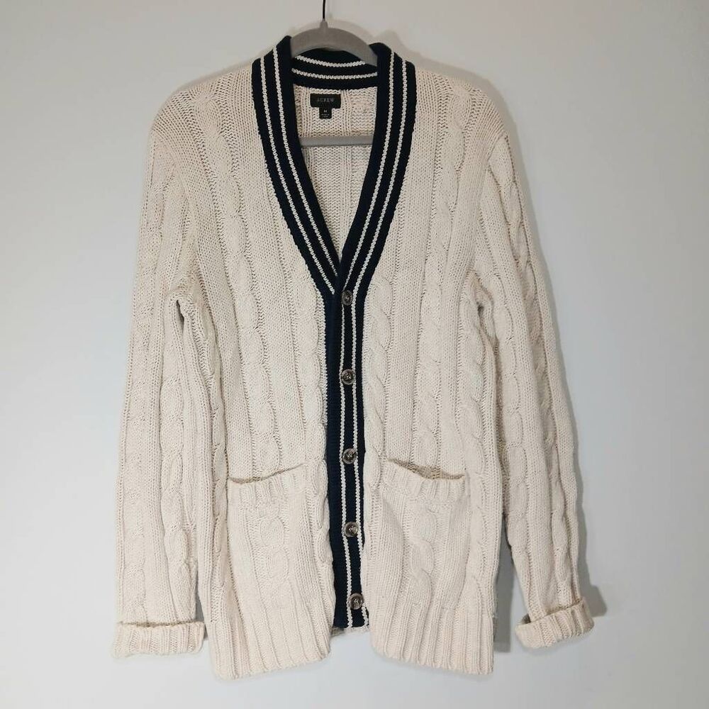 J.crew mens medium sweater cardigan chunky cable knit beige cream blue tennis